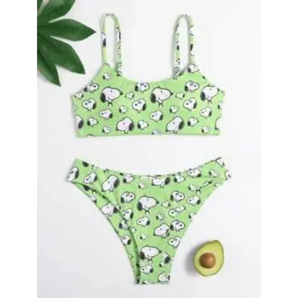 New w/Tags Snoopy Peanuts Green Ribbed Bikini/Swimsuit Small 4-6 Cute Unique